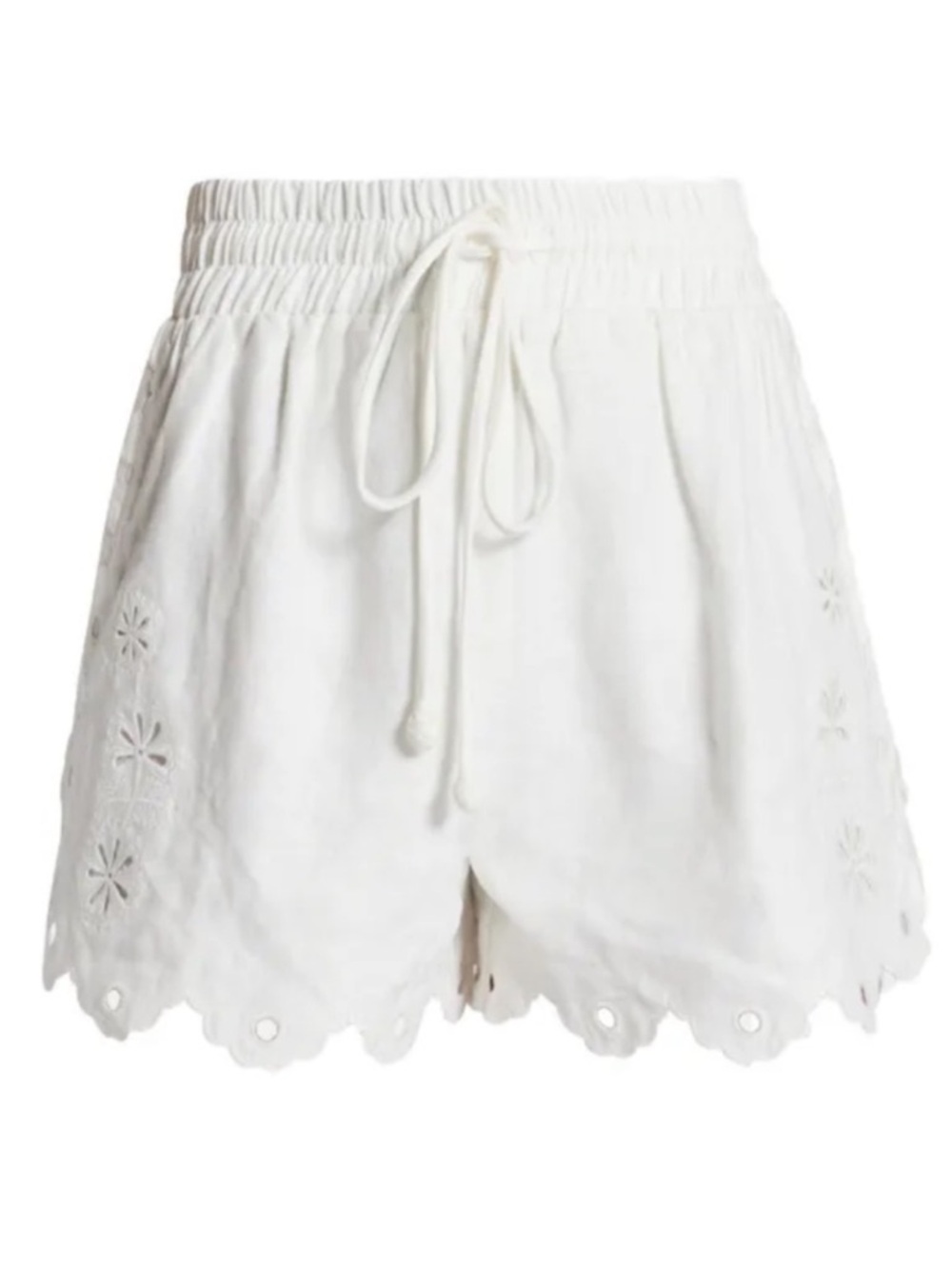 FARM Rio White Eyelet Scalloped Hem Drawstring Shorts. 100% Linen. Lined. New - Picture 5 of 15